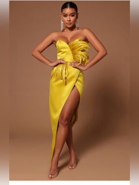 Strapless Yellow Asymmetrical Satin Dress